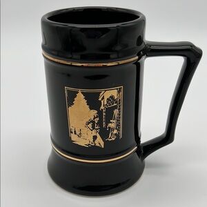 1989 Merry Christmas Pella Tall Black Mug Stein Gold Accents Approx 6.5” Tall
